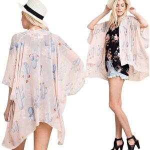 123 STORY x LINE UP Poly Chiffon Cactus Print Poncho / Cover Up / Cardigan O/S